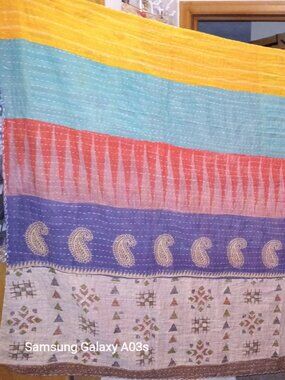 Kantha Quilt Yellow Green Red Black 50"-52" x 83" Premium 3 Layer Cotton K162.